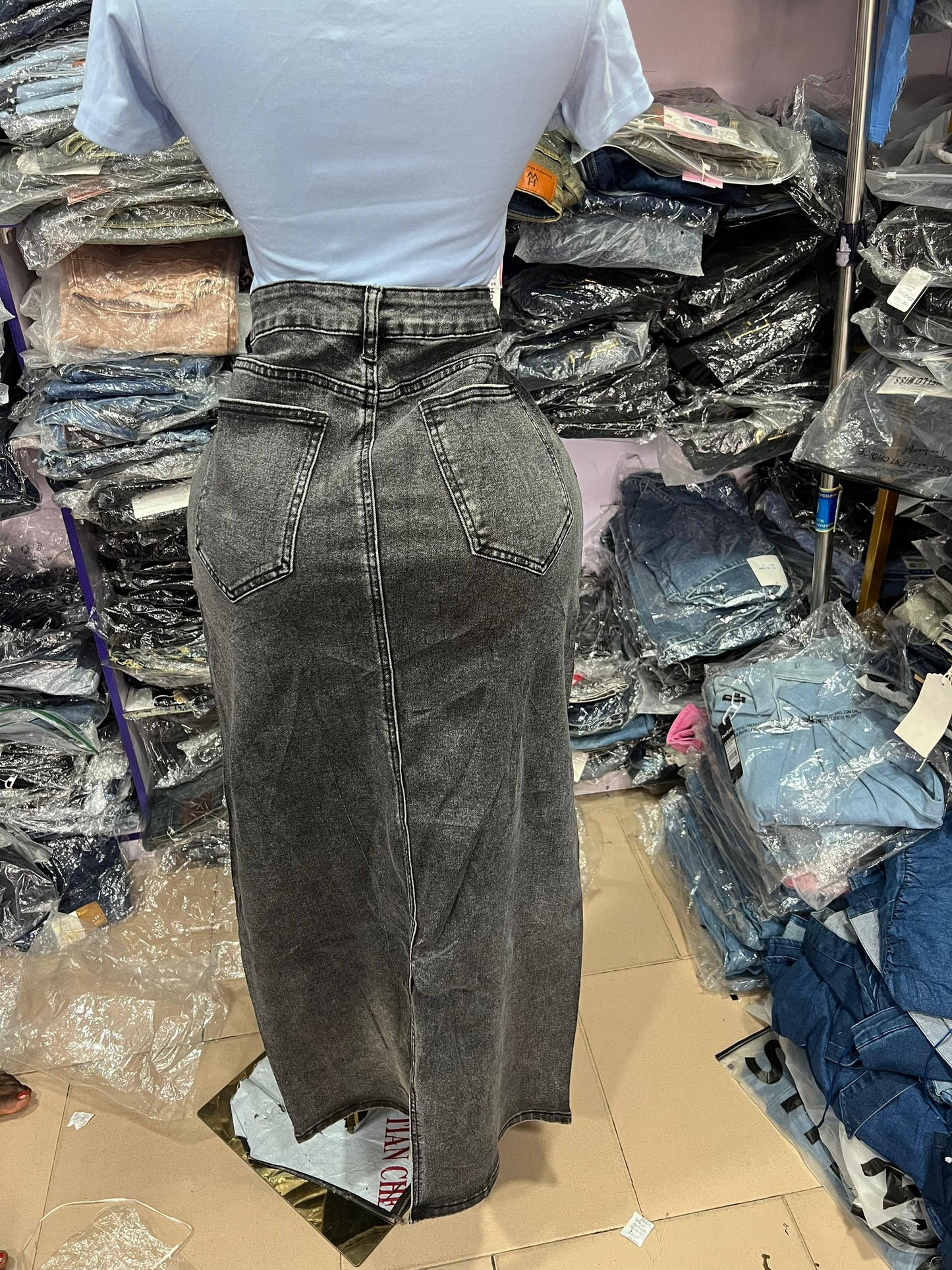 Denim maxi jean skirt with back slit JS001