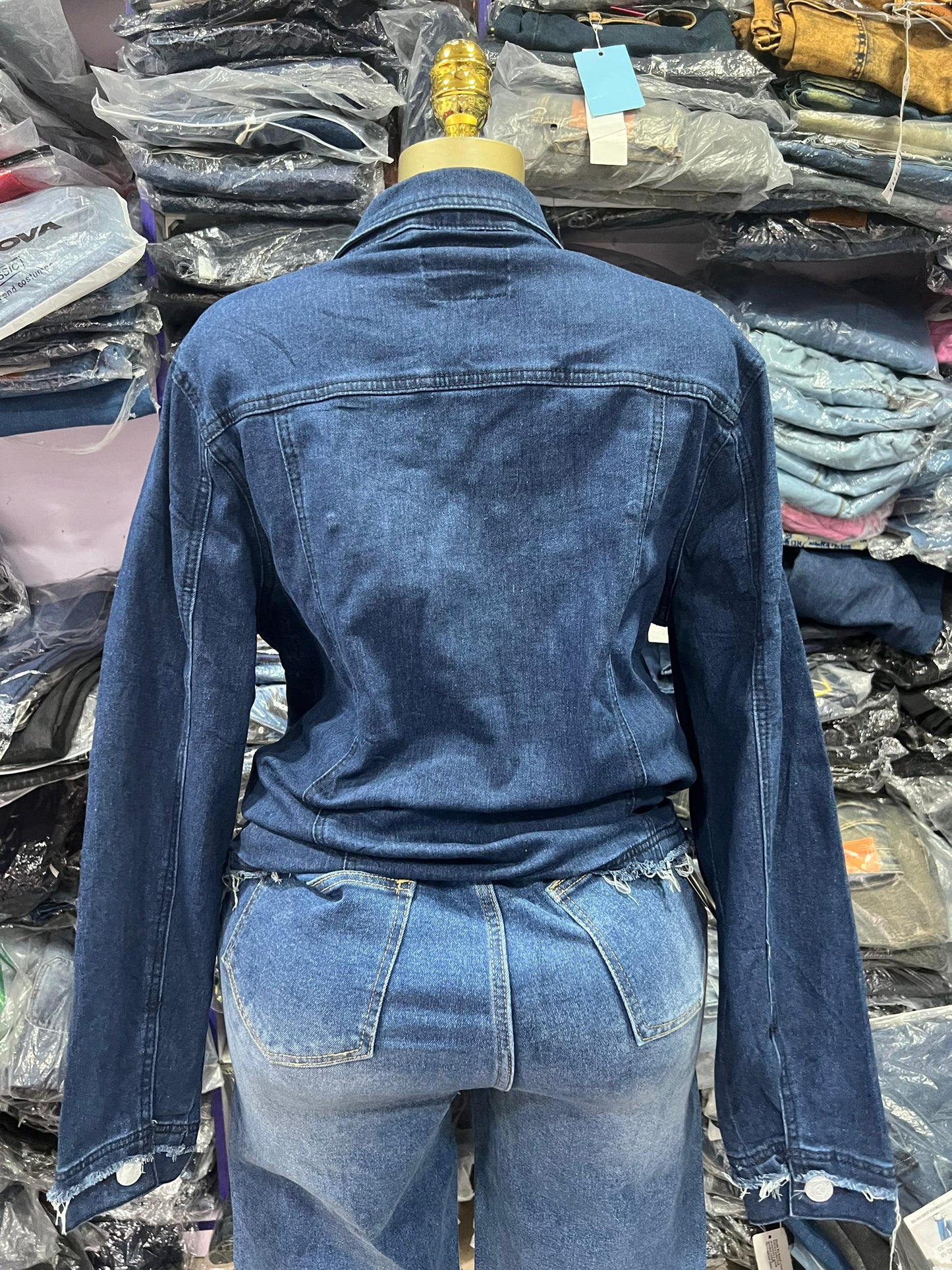 Long sleeve plain blue denim shirt