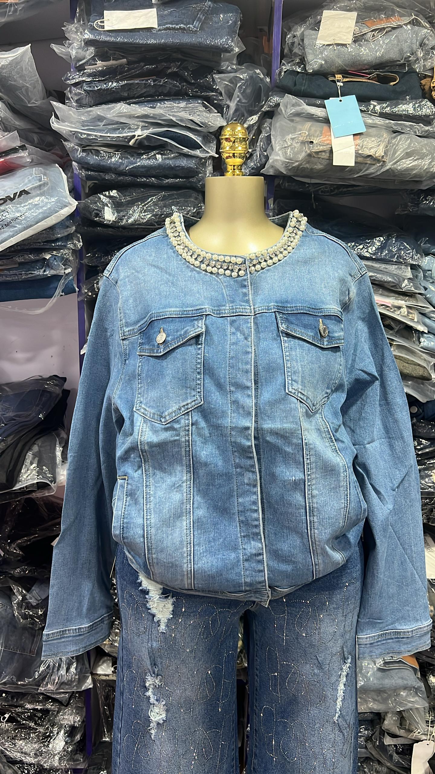 Denim jacket with beads and stone