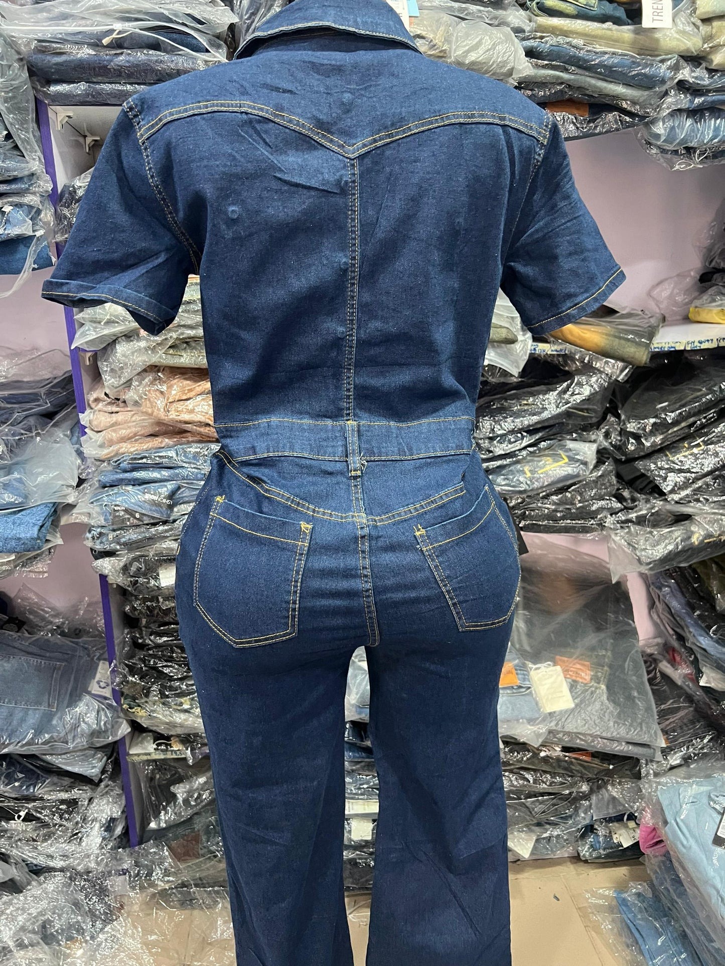 Dark blue denim button jumpsuit