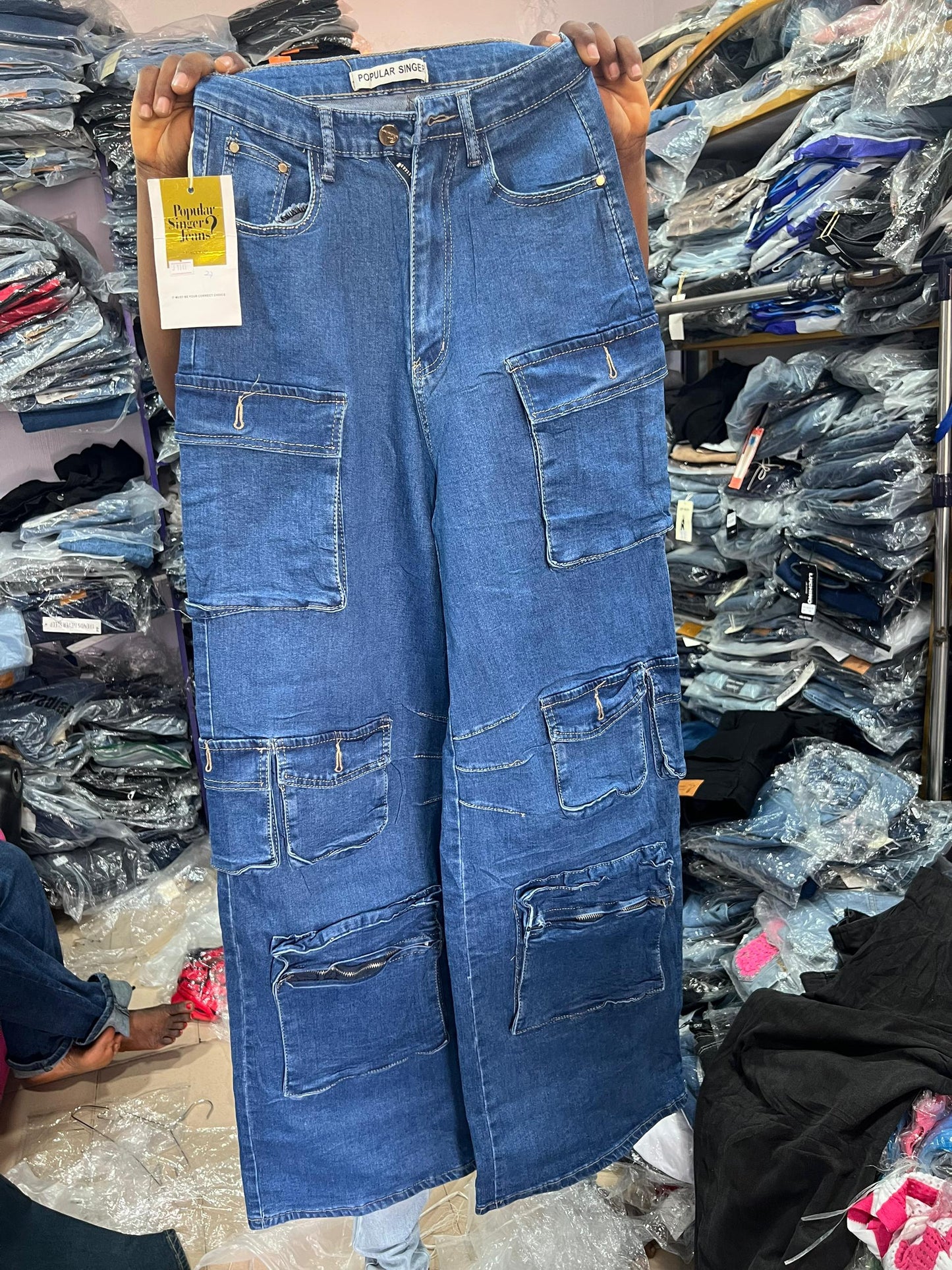 Plain blue cargo jean with pockets J1141