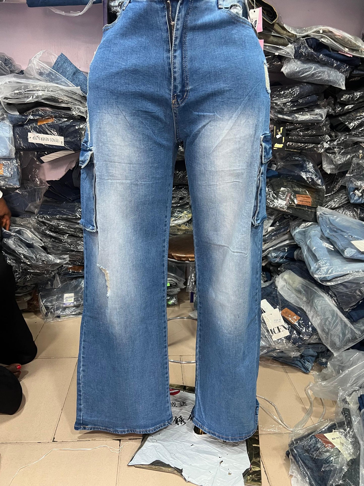 Side pocket boyfriend jean J1149-2#