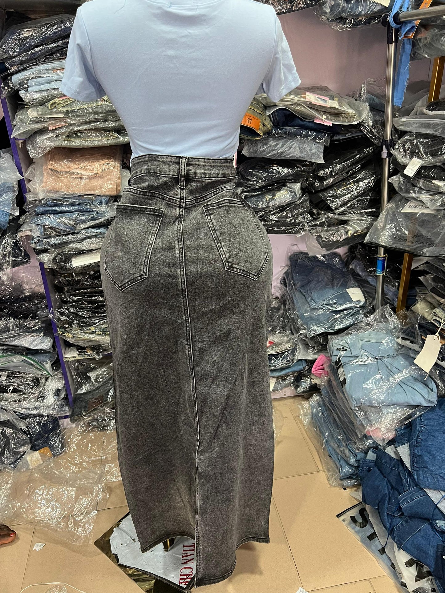 Denim maxi jean skirt with back slit JS001