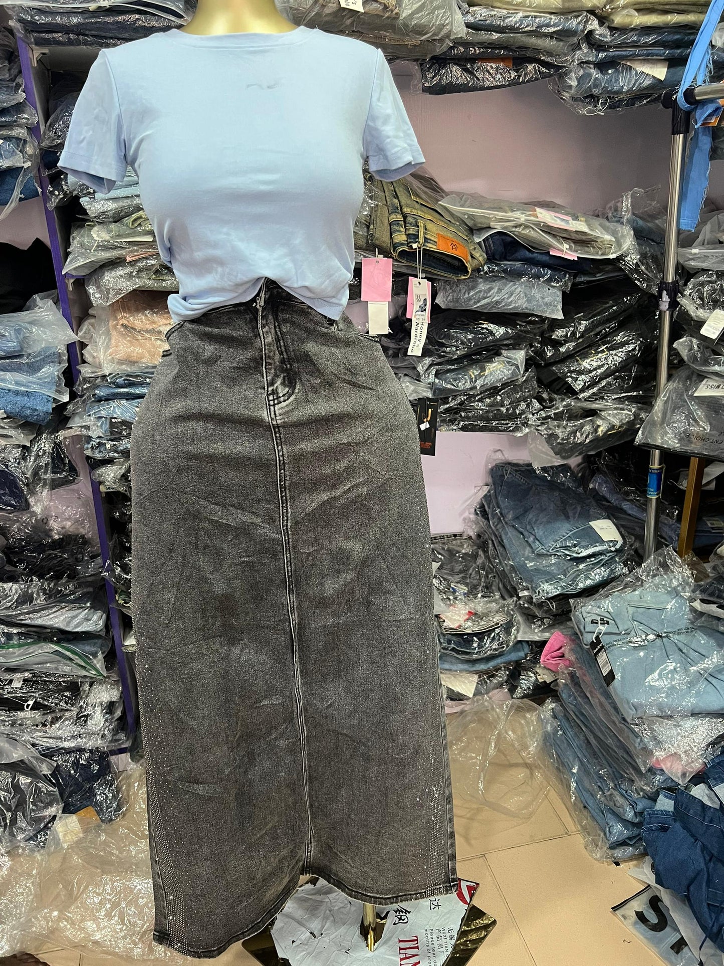 Denim maxi jean skirt with back slit JS001