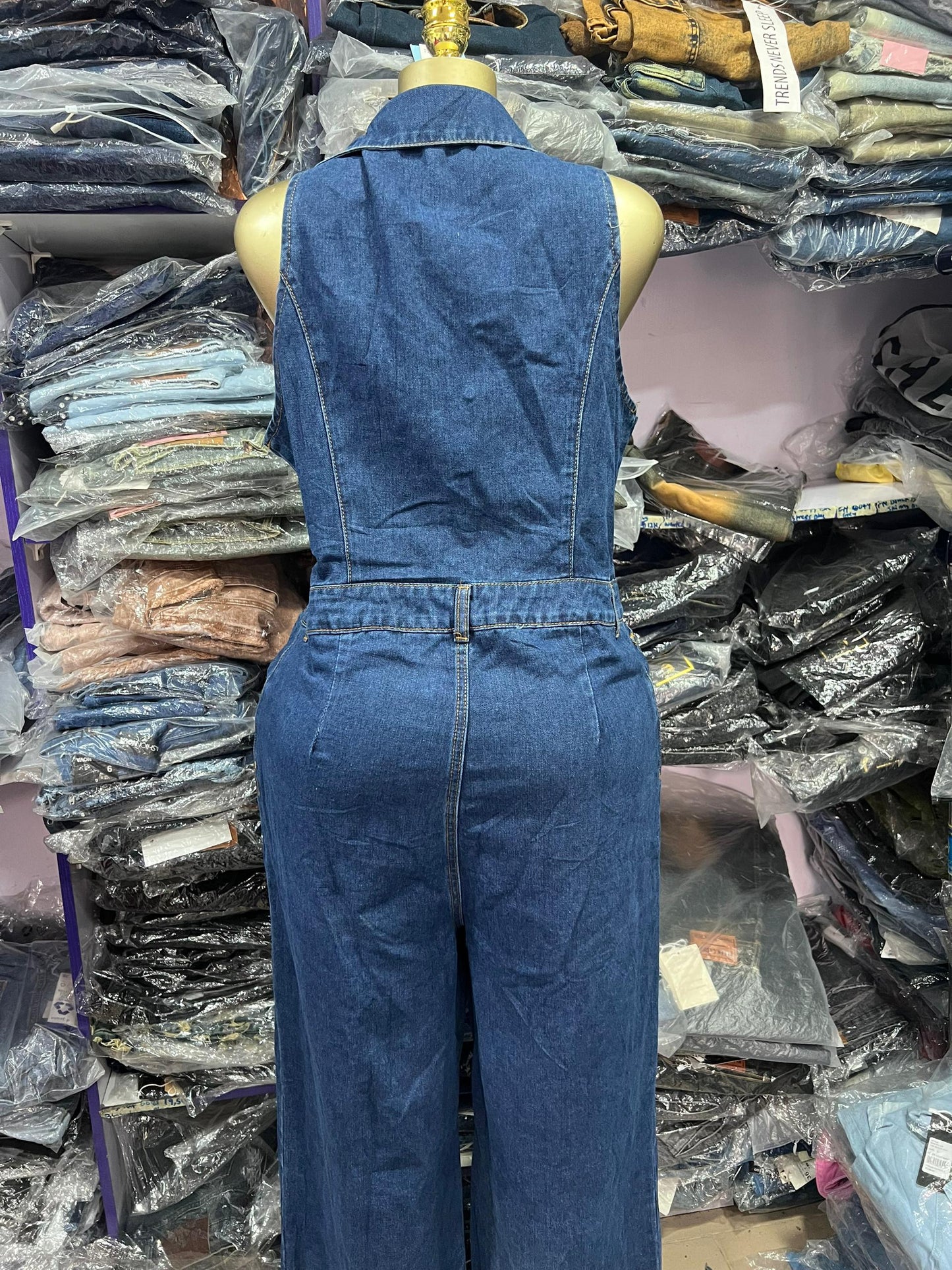 Sleeveless denim jumpsuit