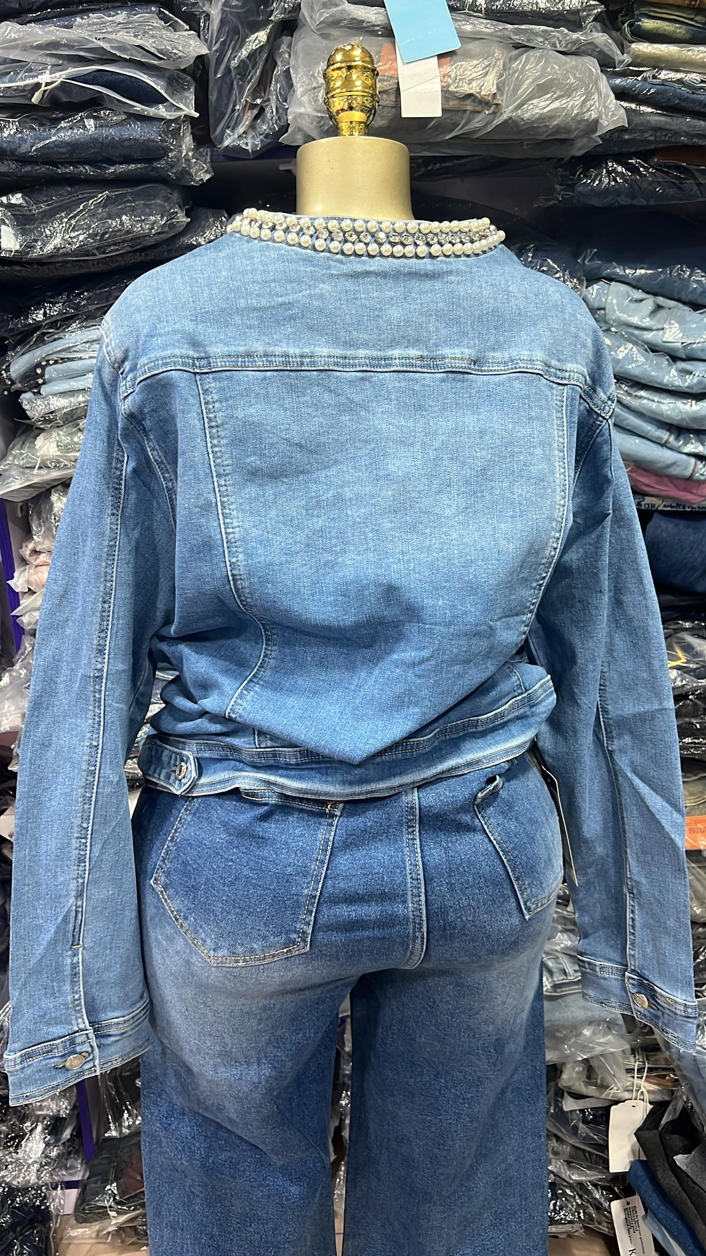 Denim jacket with beads and stone