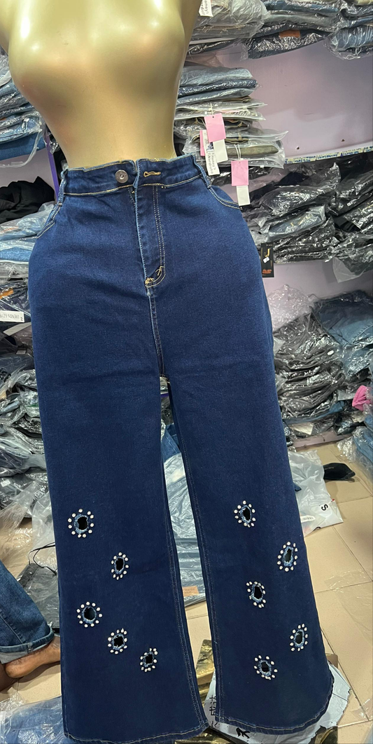 Plain blue boyfriend jean with stone design 8405-L#