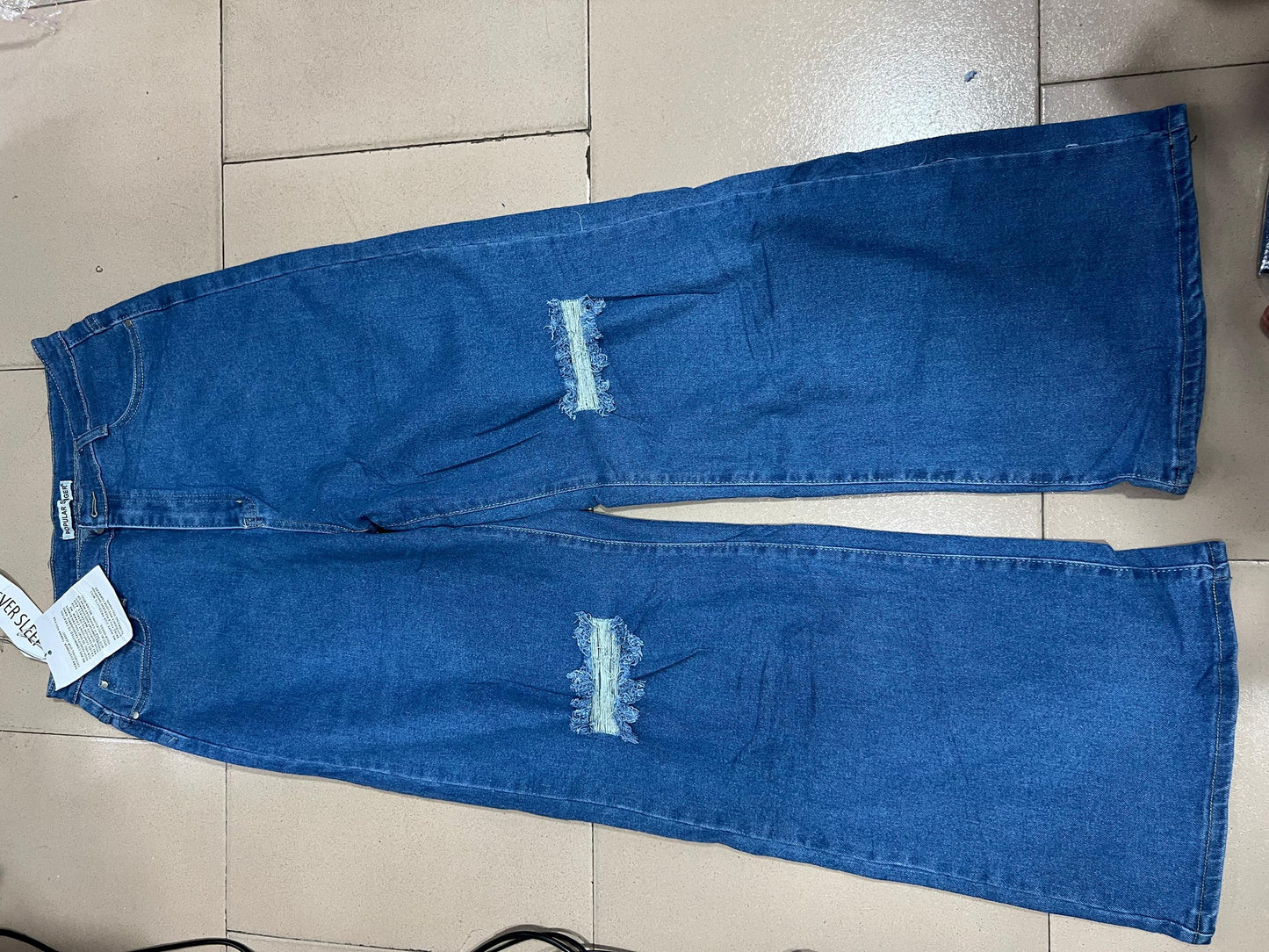Plain blue ripped jean B7508#
