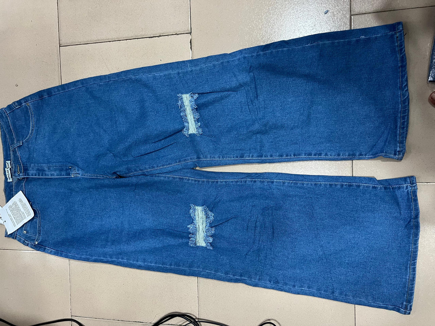 Plain blue ripped jean B7508#