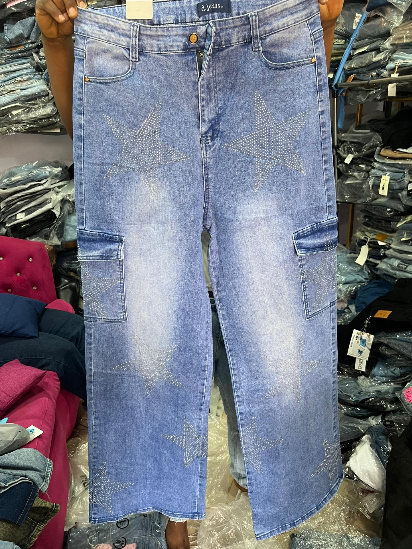 Star design blue jean with side pocket Dj003