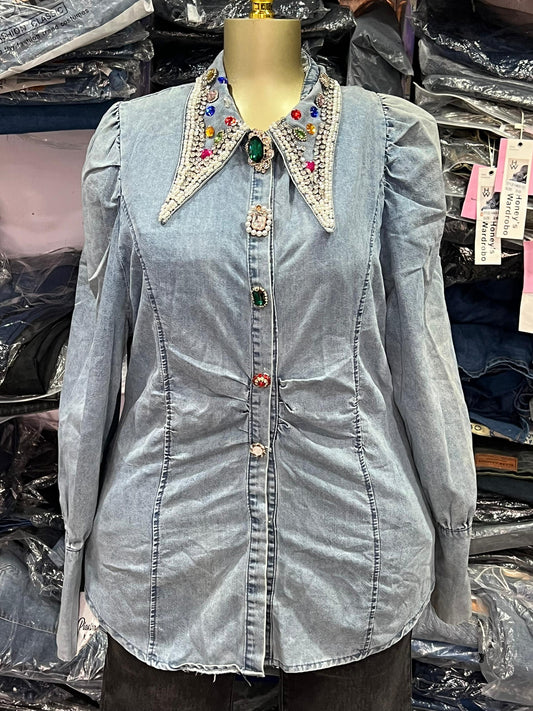 Colored collar stoned Long-sleeved jacket