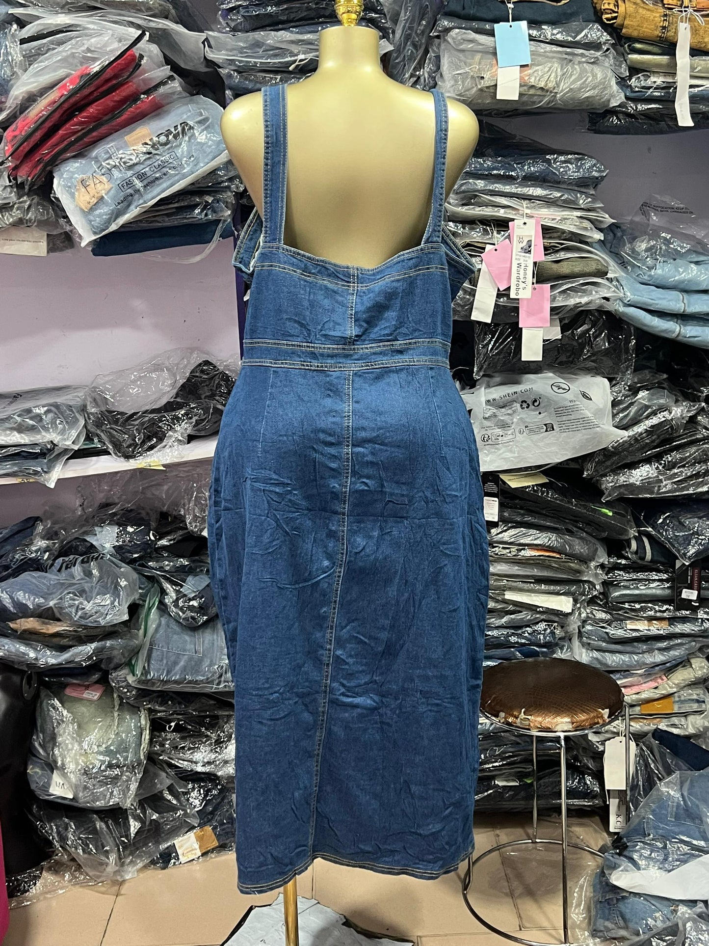 Denim gown with pocket