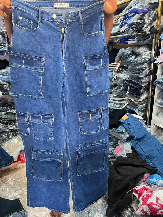 Plain blue cargo jean with pockets J1141
