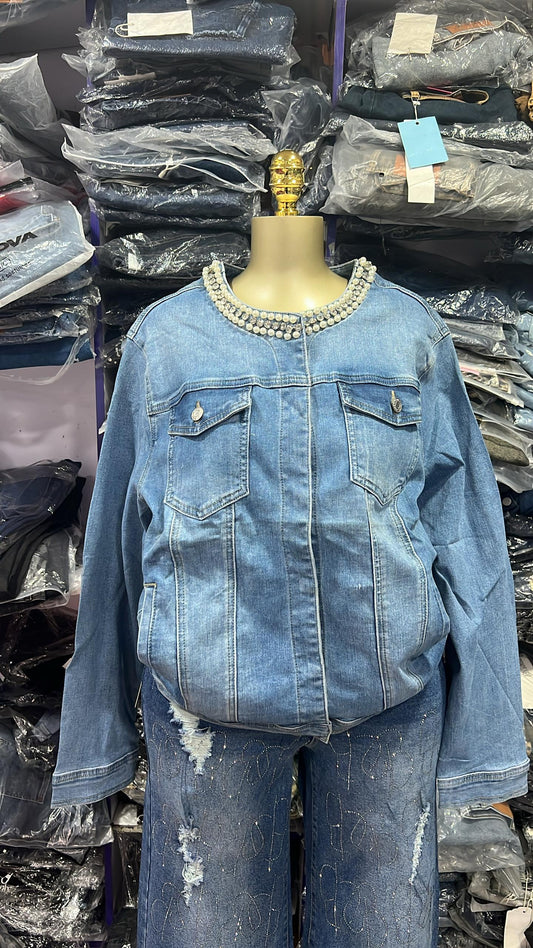 Denim jacket with beads and stone