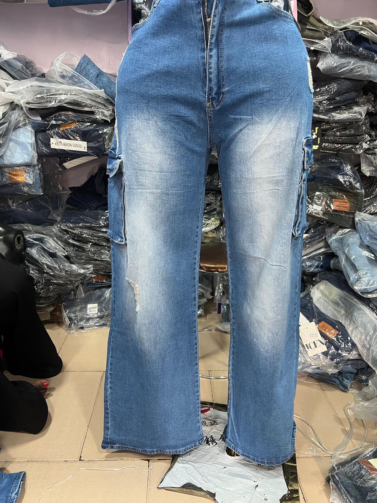 Side pocket boyfriend jean J1149-2#