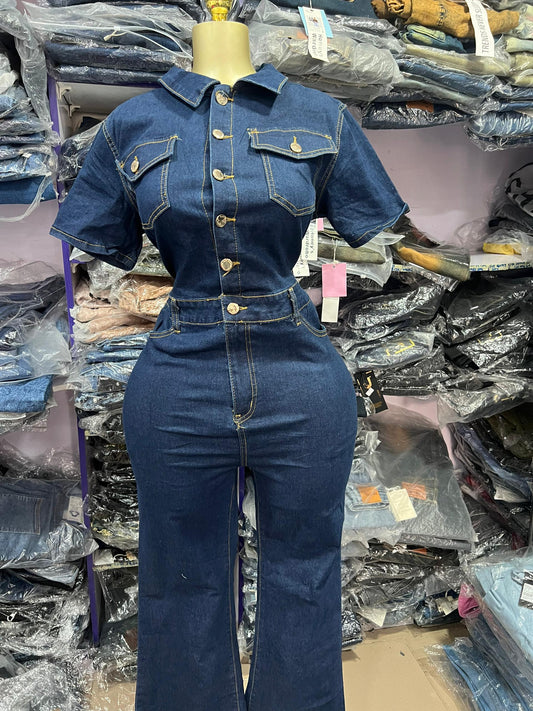 Dark blue denim button jumpsuit
