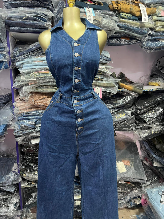 Sleeveless denim jumpsuit