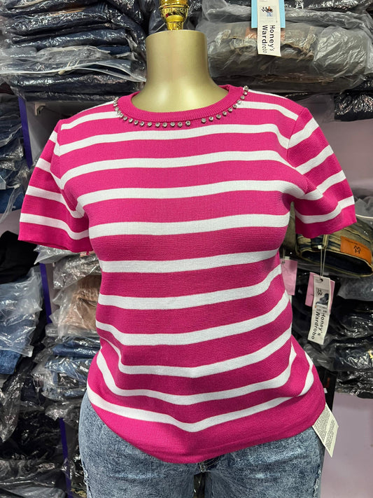 Pink and white strip collar stonned top  size6-20